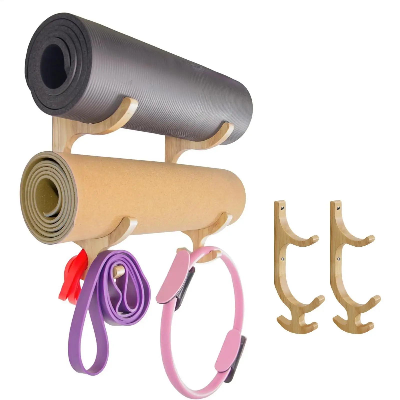 Suporte de Parede para Tapete de Yoga em Madeira, Organizador para 1 Par de Tapetes de Yoga, Armazenamento de Parede para Aro de Fitness, Faixa de Resistência, Cordas de Pular e Equipamentos de Academia