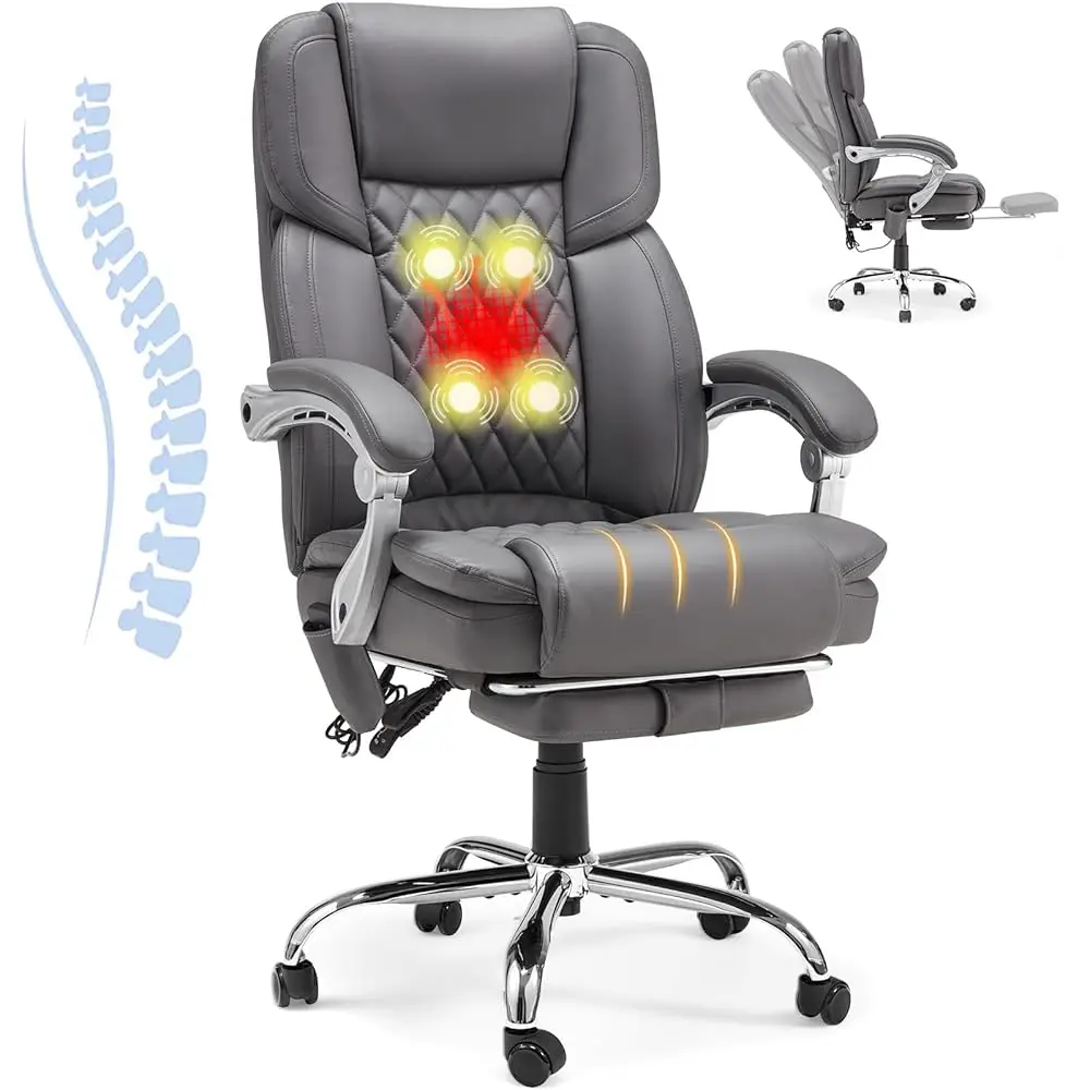 

Executive Office Chair With Footrest, 4-Point Massage Office Chair With Reclining Backrest, Heated Leather Computer Chair For