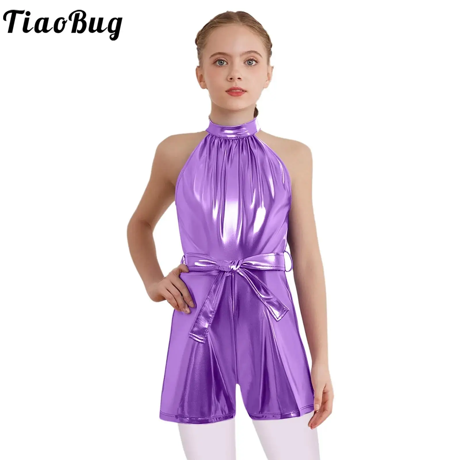 Girls Metallic Shiny Jazz Dance Jumpsuit Halter Sleeveless Zipper Rompers with Belt for Birthday Party School Show Performance