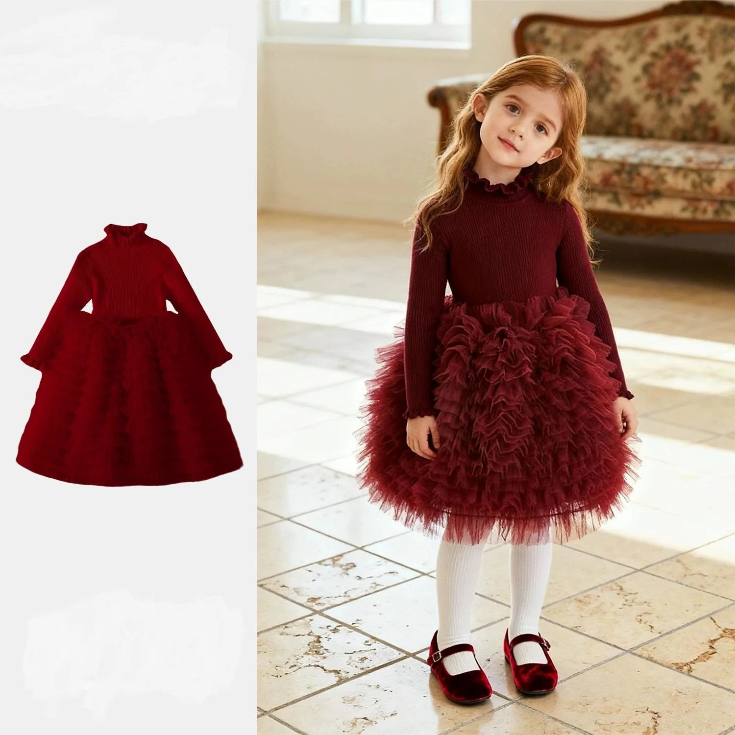 Autumn Winter Little Girls Princess Dress, Ruffle Collar Knit Bodice Patchwork Tulle Puffy Tutu Skirt, Kids Birthday Party Gift