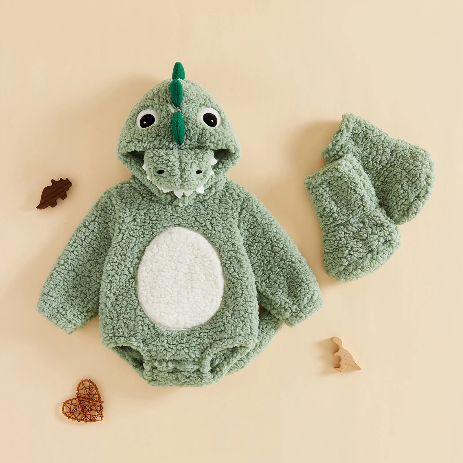 Cute Baby Boy Girl Dinosaur Costume Winter Baby Hood Warm Fleece Animal Romper Leg Warmer Halloween Cosplay Clothes