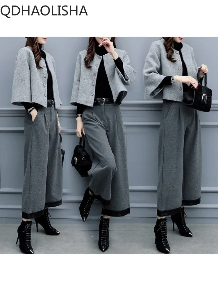 Sets for Women 2 Pieces Autumer  Winter Short Woolen Coat Casual Wide Leg Pants Set Fashion Elegant Women\'s Sets New Two Piece