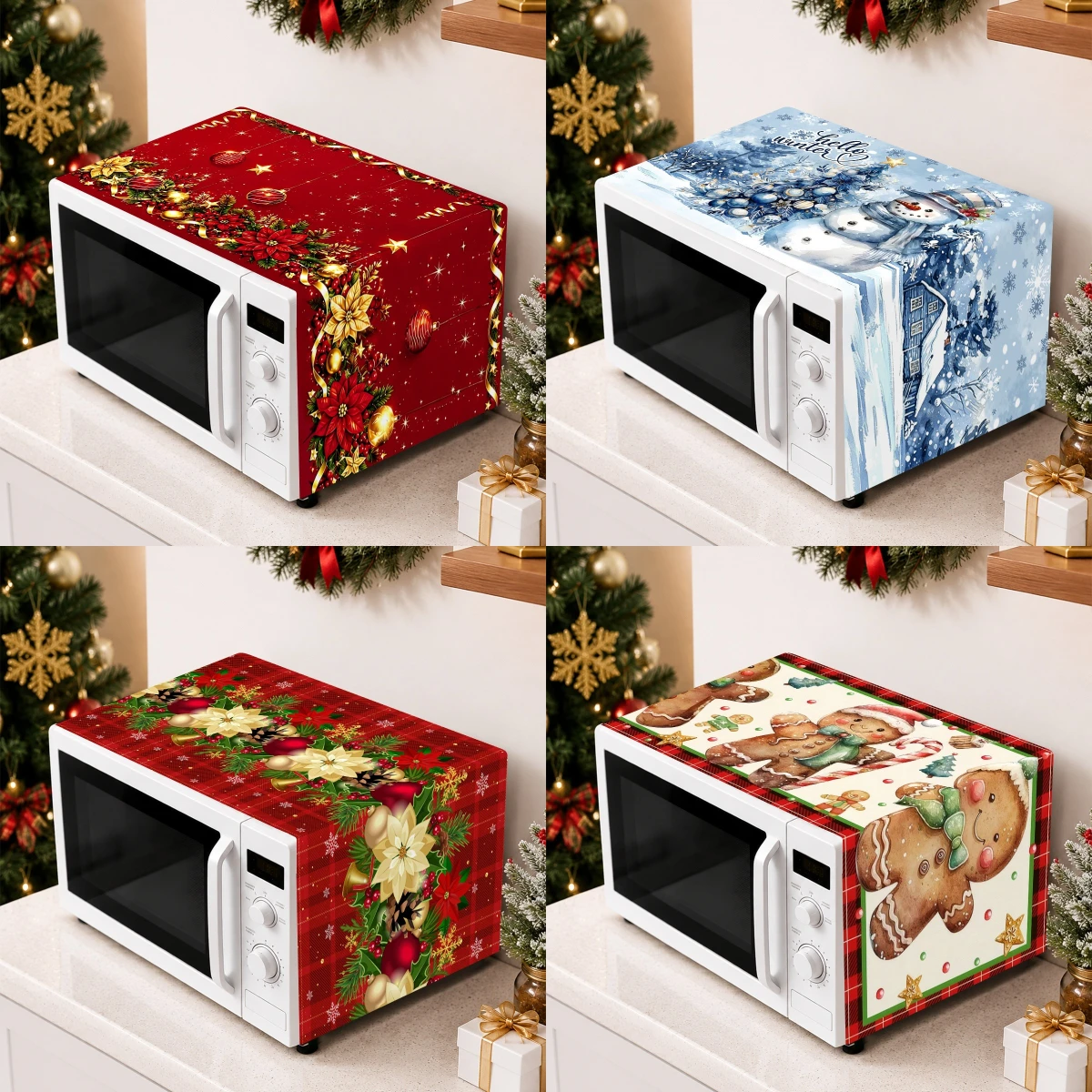 1pc Merry Christmas Oven Dust Cover Snowman Poinsettia Polyester Microwave Oven Cover Christmas Decor for Home New Year Gifts
