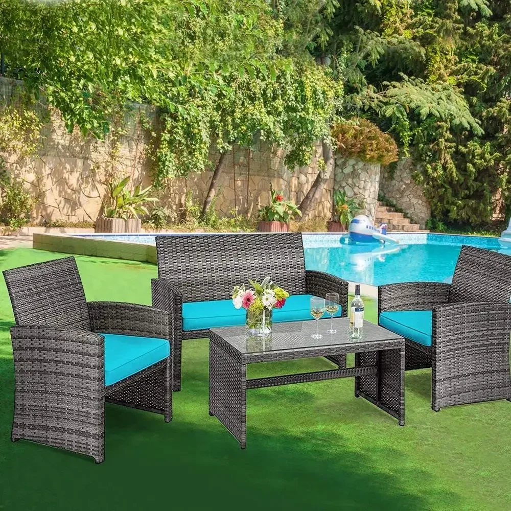 Turquoise Outdoor Wicker Patio Furniture Set with Cushions and Tempered Glass Table