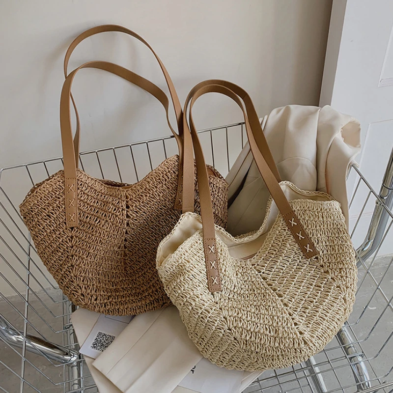 

2023 Summer Beach Straw Handbags and Purses Weave Tote Bag Female Bohemian Shoulder Bags for Women Lady Travel Shopping Bags