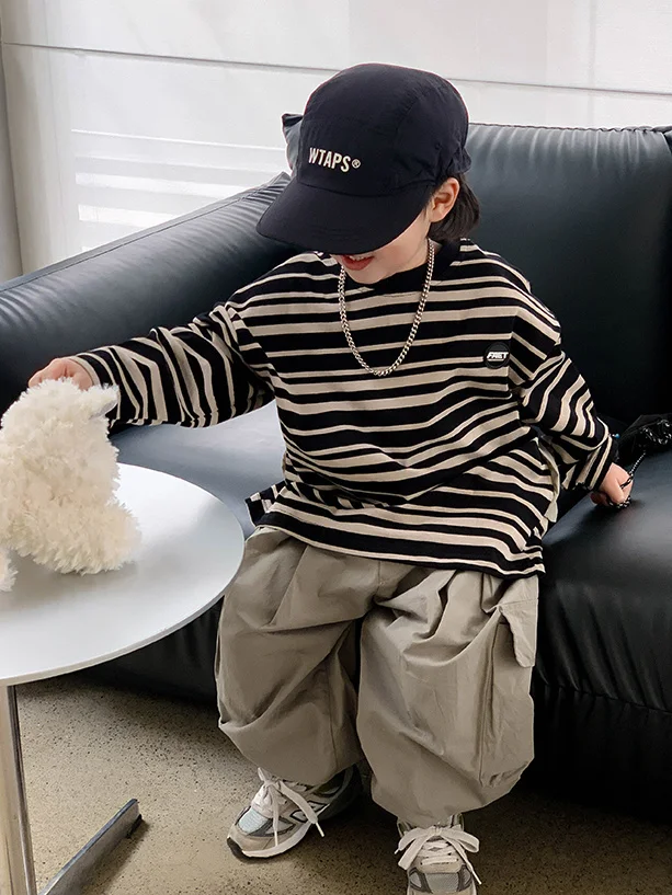 Fashion Spring Autumn Kids Stripe Fake two pieces Tshirt+Loose Harem pants Sets Boys Streetwear Hip Childrens Casual Clothing