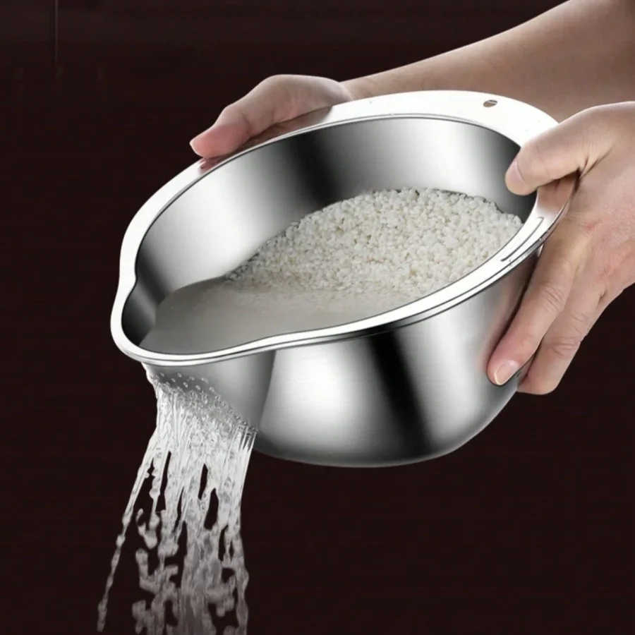 Stainless Steel Rice Washing Bowl with Drain Holes, 2-in-1 Vegetable Fruit Strainer Colander Basket for Kitchen Sink