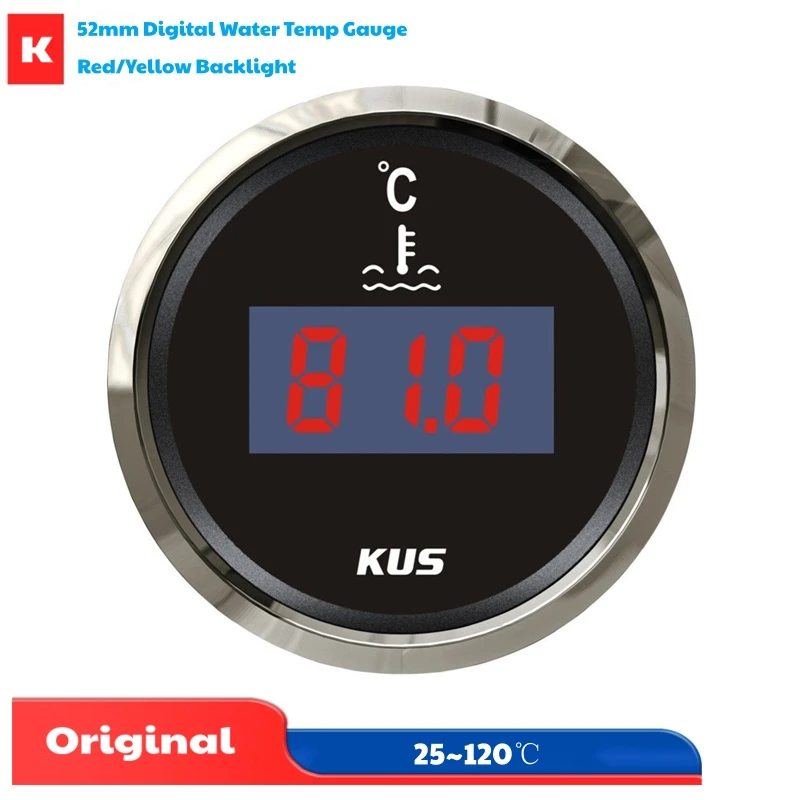 

KUS 25~120℃ Display Digital Water Temperature Gauges 52mm Black Water Temp Meters with Red or Yellow Backlight for Car Ships