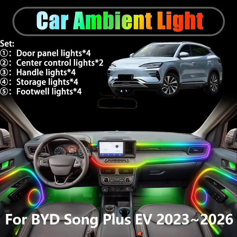 

For BYD Song Plus EV 2023~2026 Seal U SUV 2/18 in 1 Car ambient lighting Led trunk interior led lights USB RGB Ensemble Streamer