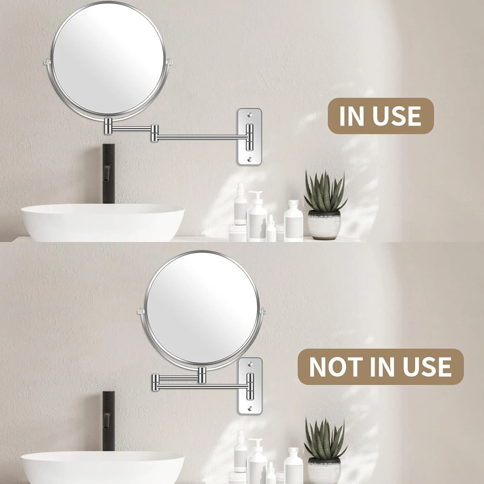 กระจกห้องน้ำแบบติดผนัง 8 นิ้ว ขยาย 5 เท่า/10 เท่า กระจกแต่งหน้าสองด้าน หมุนได้ 360 องศา ขยายได้