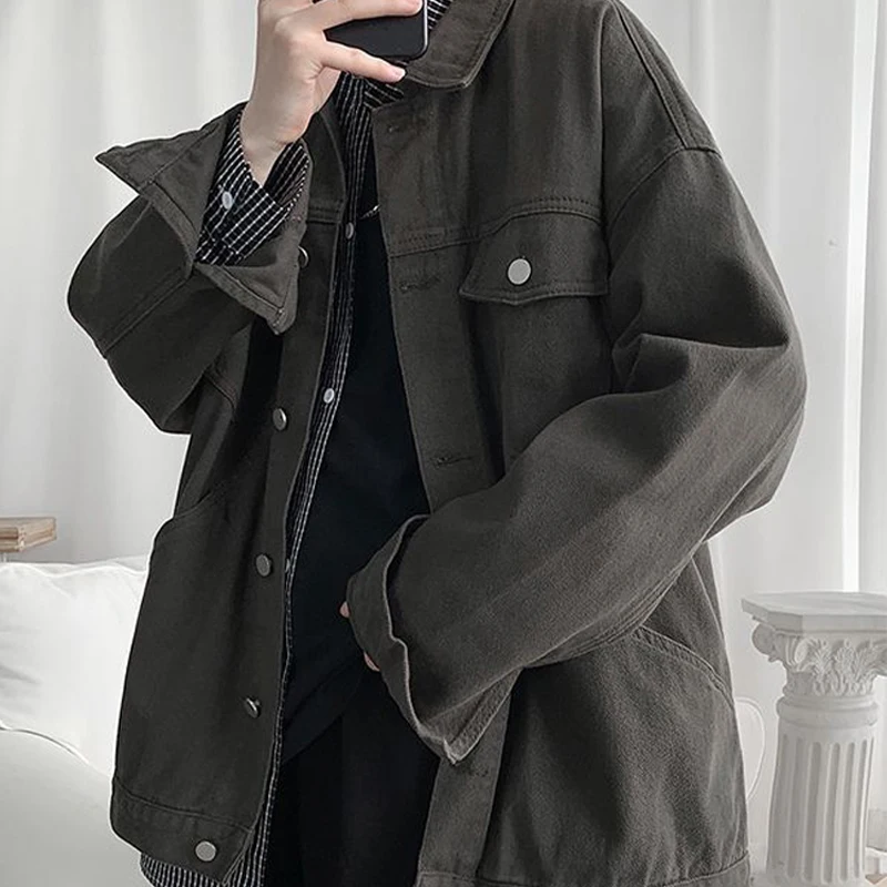 

Men Black Denim Jacket Spring Autumn New Hong Kong Fashion Versatile Solid Coats Casual Loose Handsome Single Breasted Tops