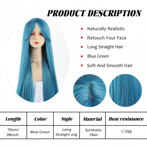 Imagen 2 del producto Pelucas sintéticas largas y sedosas con flequillo, pelucas de pelo de Lolita para fiesta de Cosplay azul y verde para mujer, peluca Natural resistente al calor
