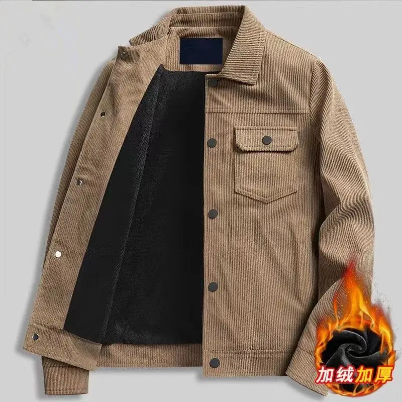 Autumn Winter Corduroy Coat Men's Fashion Lapel Work Jacket Plush Warm Keeping Simple Retro Men's Coat Jacket Men