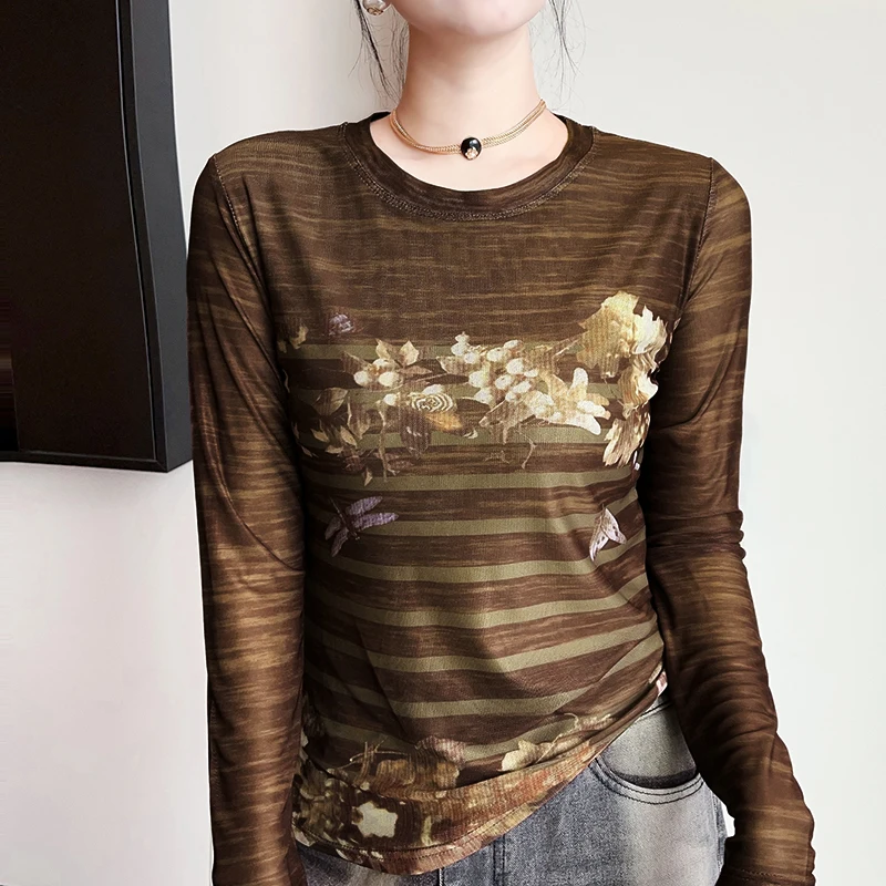 Stylish Print Tee for Women, 2026 New Double-Layer Mesh T-shirt with Stretch, Unique Pretty Top for Everyday Wear