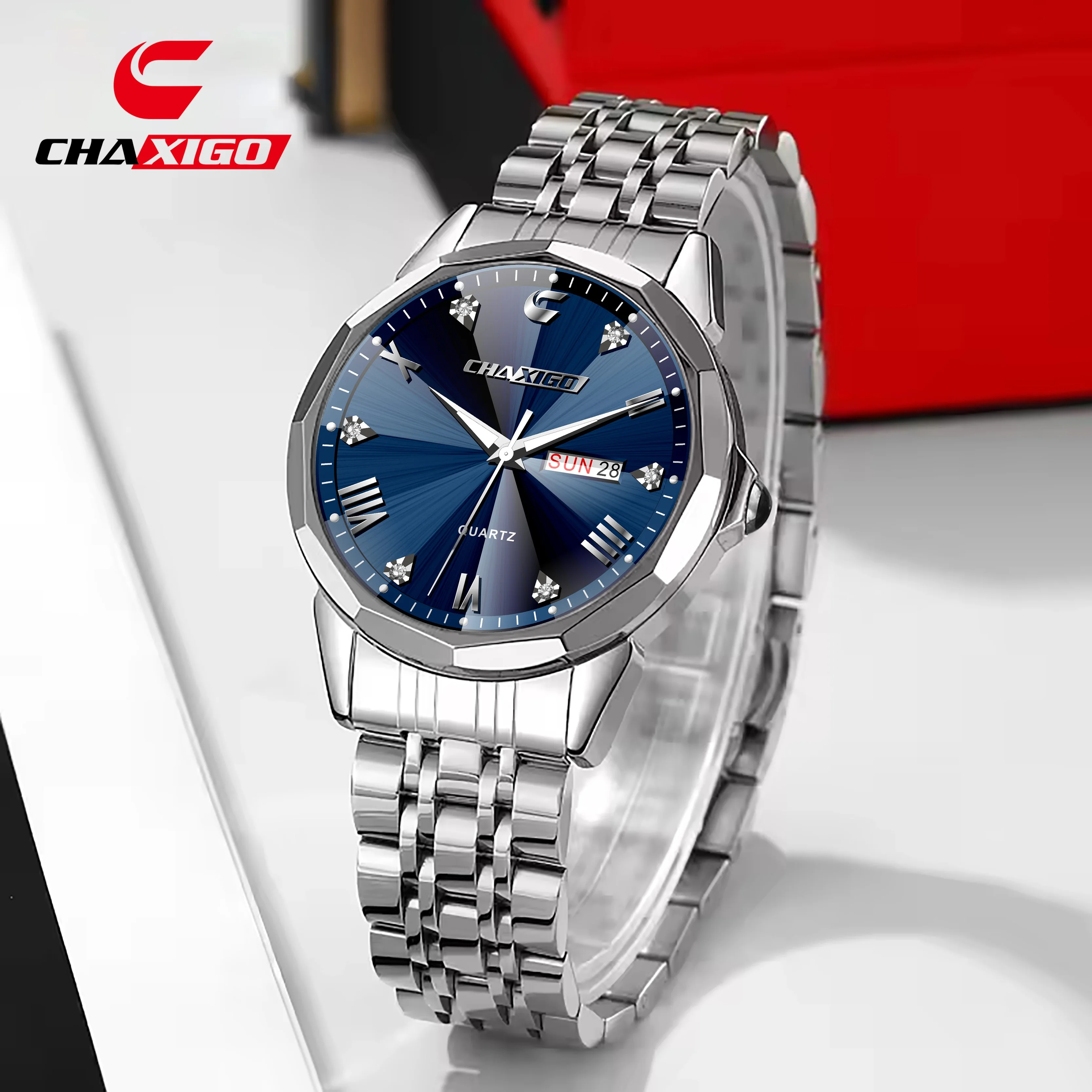 

CHAXIGO Men's Elegant Business Stainless Steel Quartz Watch, 41mm Case Diameter, Luminous Hands, Day Display, Water Resistant
