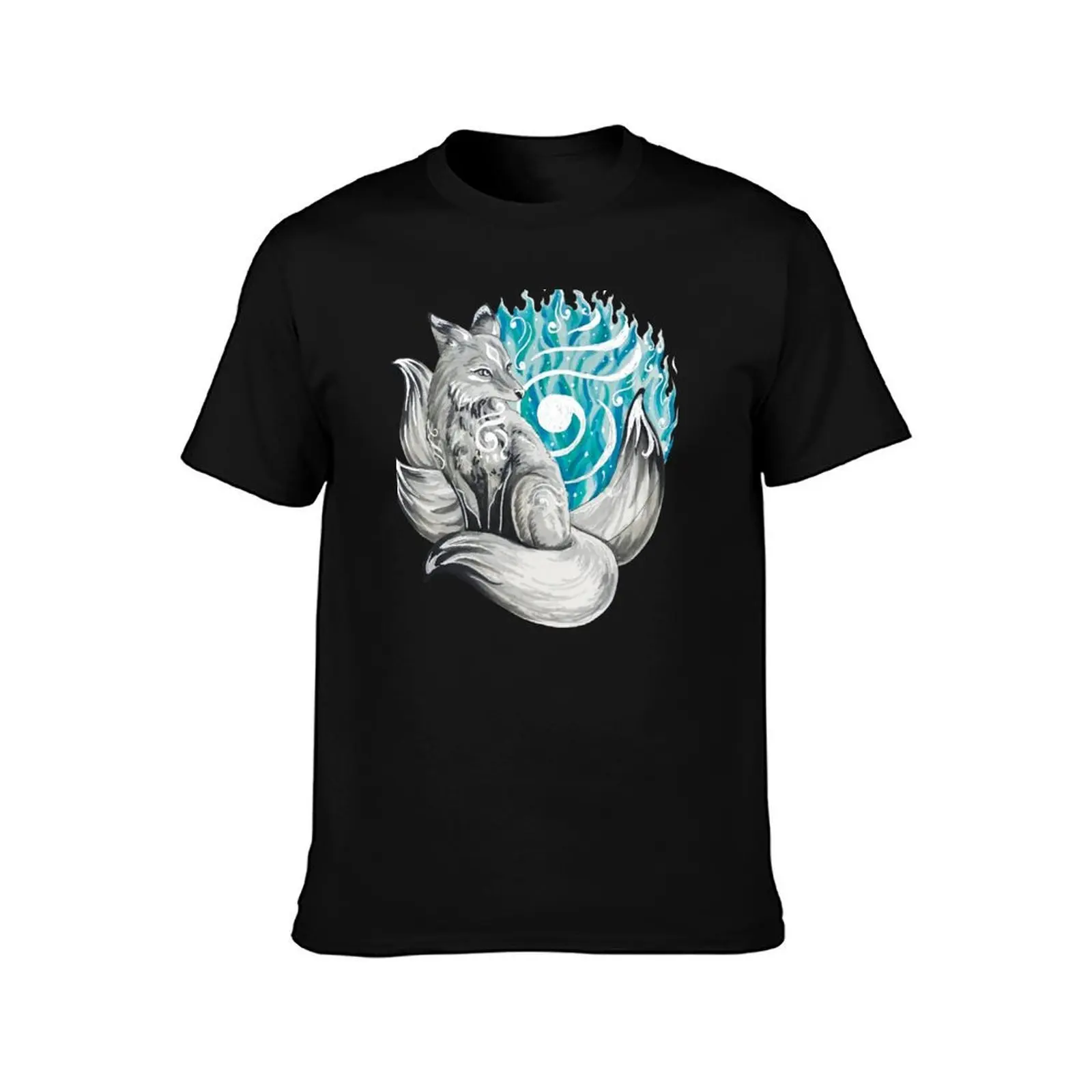 Fox Kitsune with Blue Foxfire T-Shirt, Summer Casual Cotton Tee, Oversized Streetwear Tops, Vintage Graphic Print, 100% Cotton