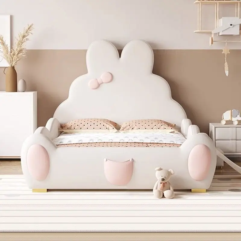 Cream Rabbit Kids Bed Girl Princess with Slide Kids Guardrail Small Apartment Light Luxury Student Leather Bed