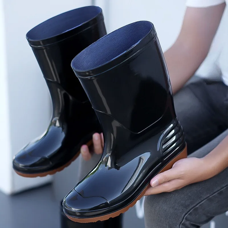 방수 하이튜브 블랙 바닥 레인부츠 남성용 전통 주방 고무 부츠 롱튜브 워터 슈즈 아웃도어 작업화