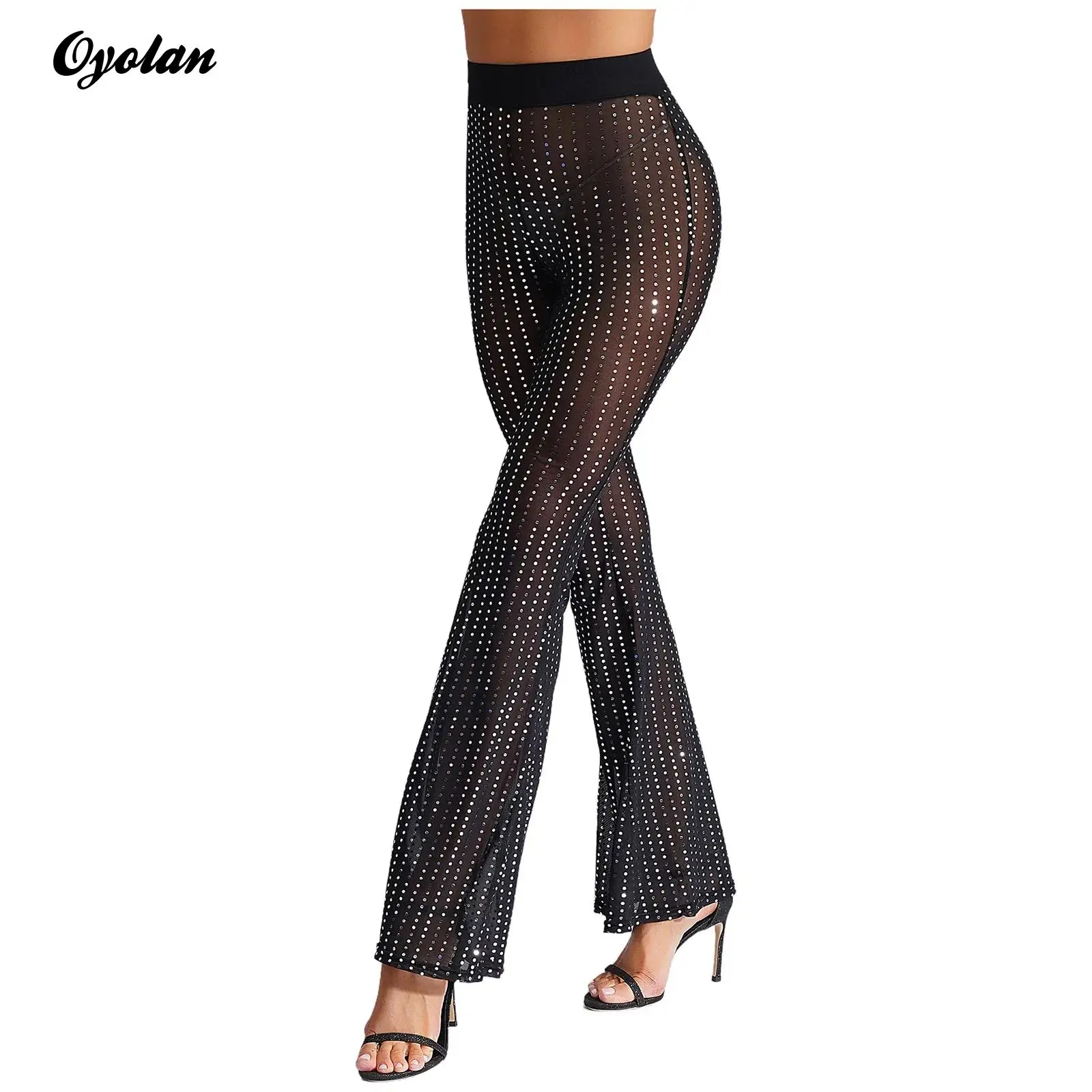 Womens Sheer Mesh Cover Up Pants Trousers Sexy See Through Sequined Mesh Flare Pants High Waist Bell Bottom Raves Bar Costume