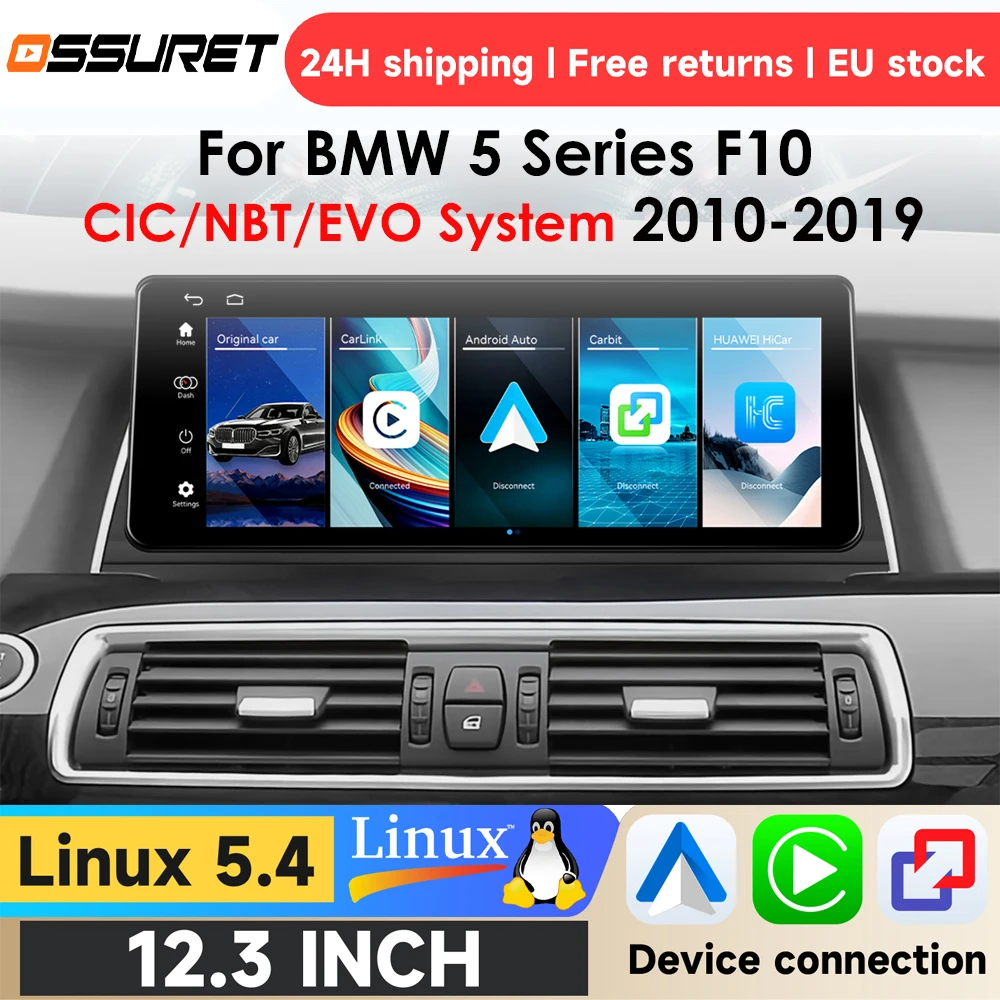 OSSURET 10,25" 12,3" Radio samochodowe z systemem Linux do BMW serii 5 F10 CIC 2010-2013 NBT 2013-2017 EVO 2018-2019, obsługa Carplay, Android Auto, Mirror Link, nawigacja GPS, Bluetooth 5.0, szybka