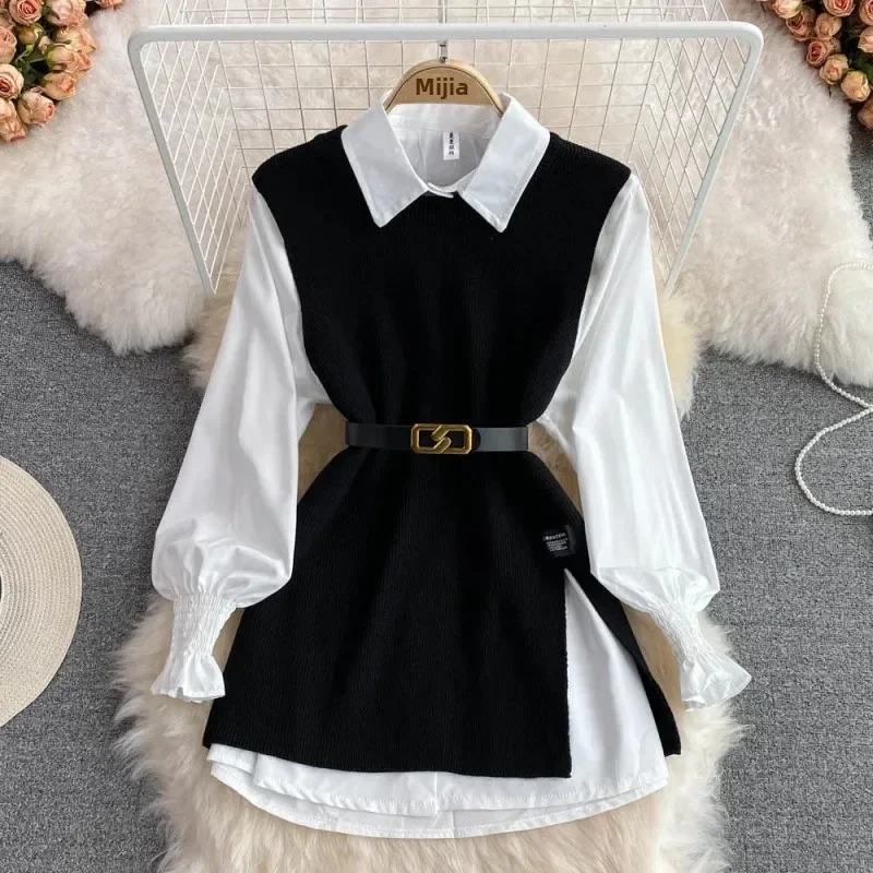 Korean Fashion Autumn Long Sleeve White Shirt Sweater Set Chic Vintage Age-Reducing Loose Fit Knit Vest 2-Piece Set for Women
