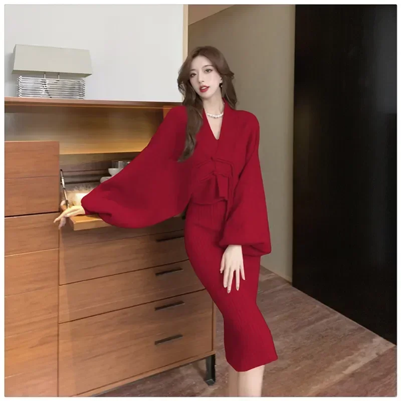 Fall Winter Fashion Knitted 2 Pieces Sets Black Red V Neck Pencil Sling Dress&Long Lantern Sleeve Short Cardigan 2pc Skirt Suits