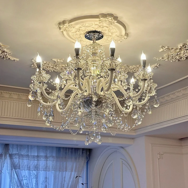 

French Style Crystal E14 LED Chandelier White Glass Pendant Light for Living Room Bedroom Ceiling Lighting Decor
