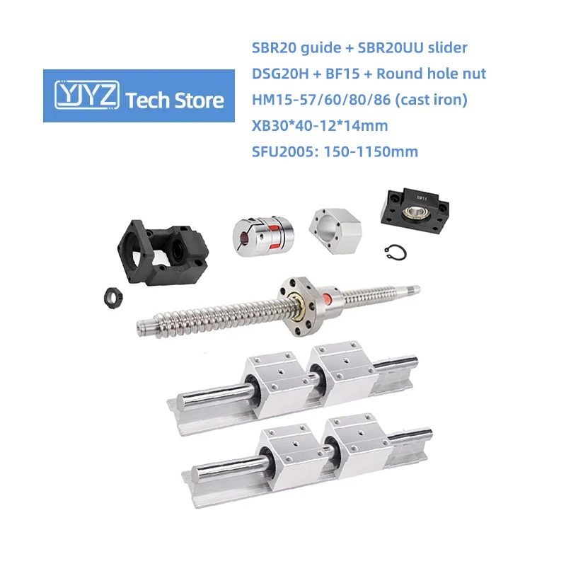 

SBR20 Guide Rail Length 150-1150mm SBR20UU Sliders SFU2005 Ballscrew Nut HM15-57 (Cast Iron)+BF15+DSG20H+Plum Blossom Coupling