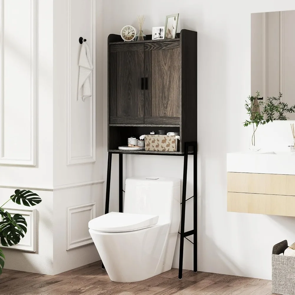 

Storage Cabinet Above The Toilet, Farmhouse Bathroom Cabinet with Two Doors, Adjustable Shelf, Metal Bracket