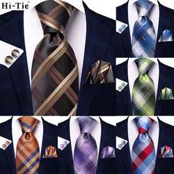 Schwarzbraune Seidenkrawatten für Männer 2024, klassisch, kariert, kariert, Business, Hochzeit, Herren-Krawatte, Taschentuch, Manschettenknöpfe, Geschenk für Männer, Hi-Krawatte