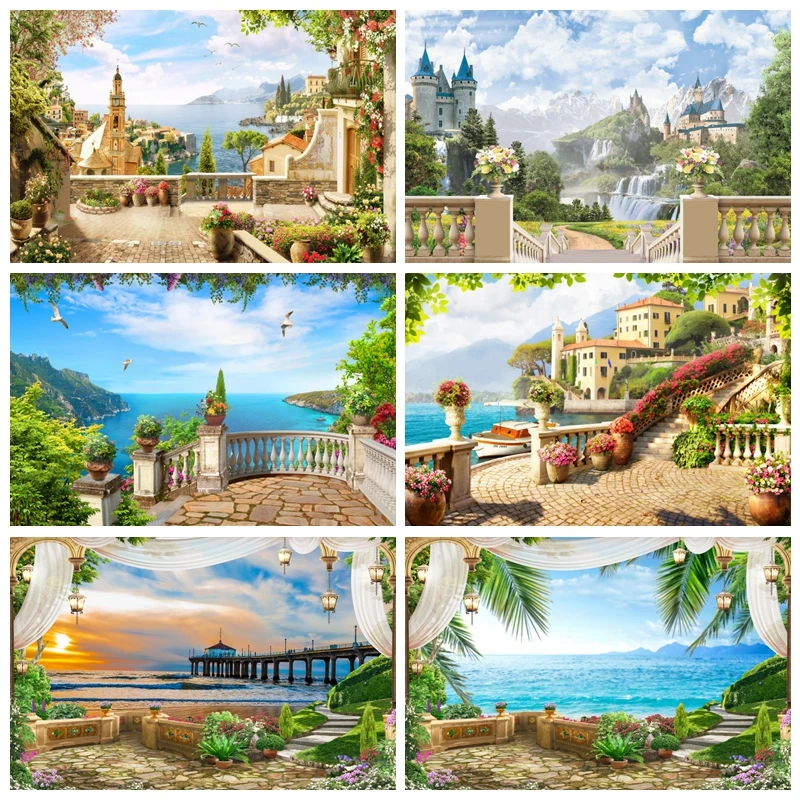 夏の海辺のビーチ写真の背景、自然の風景、城、熱帯の太陽、ヤシの葉、写真の背景、スタジオアクセサリー