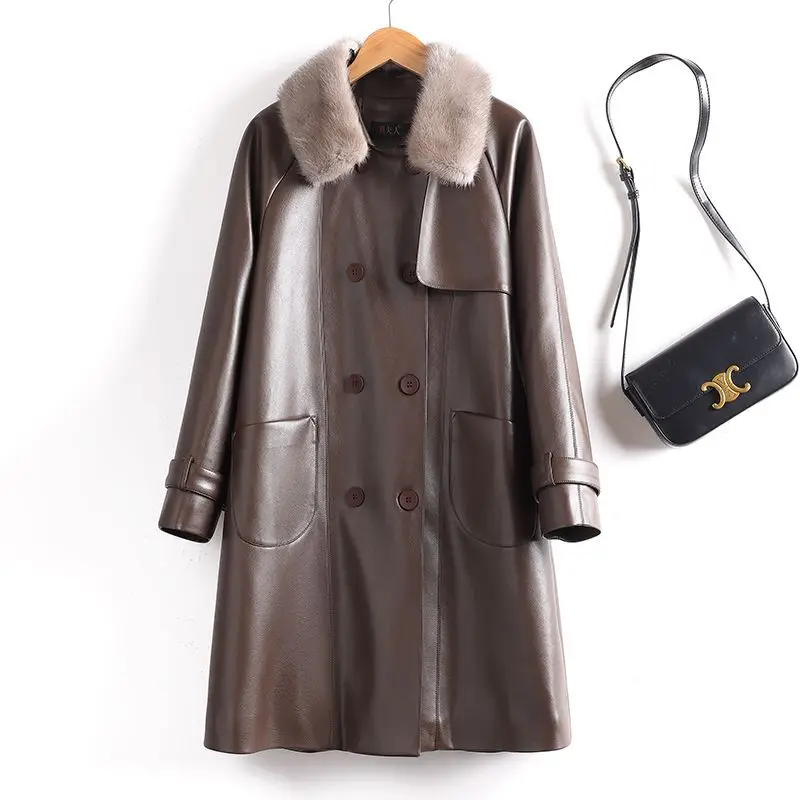 Winter New Long Style Leather Coat Women's Warm Puffer Trench Loose Casual Elegant Versatile Trendy Parka Down Jacket