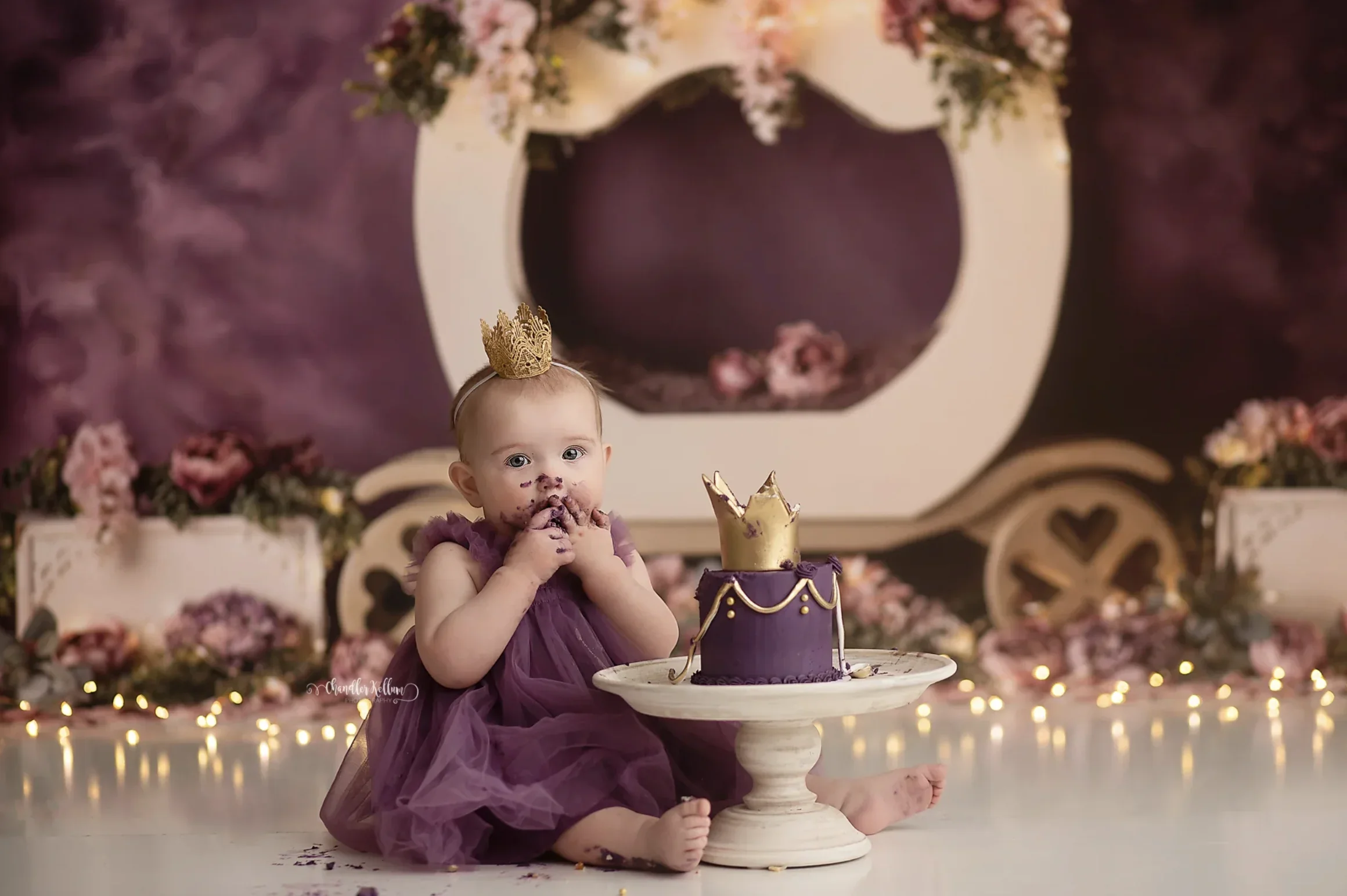 Cake Smash Background Light Purple Floral Accents Carriage Lightbox Curtain Baby Shower Birthday Portrait Backdrop Photography