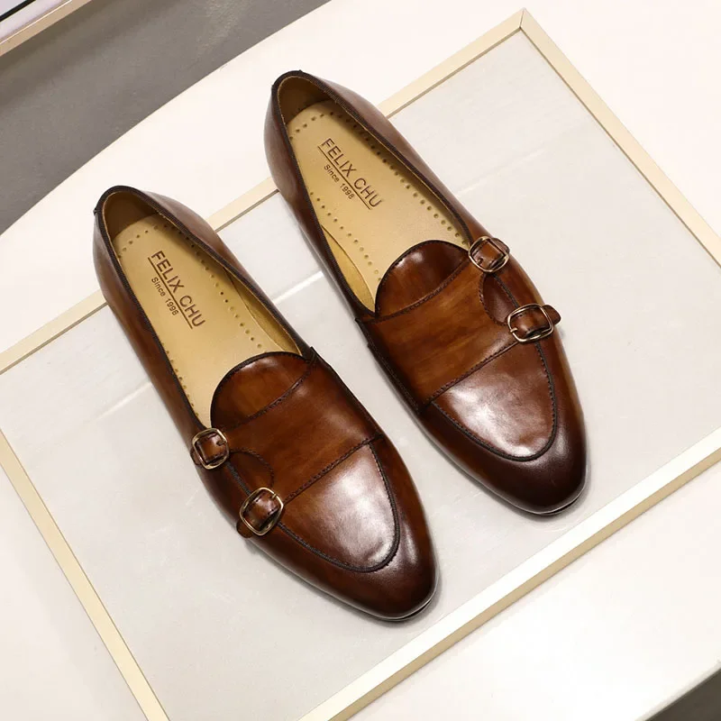FELIX CHU Men\'s Genuine Leather Loafers Handmade Monk Strap Casual Dress Shoes for Wedding Party Summer Autumn Footwear