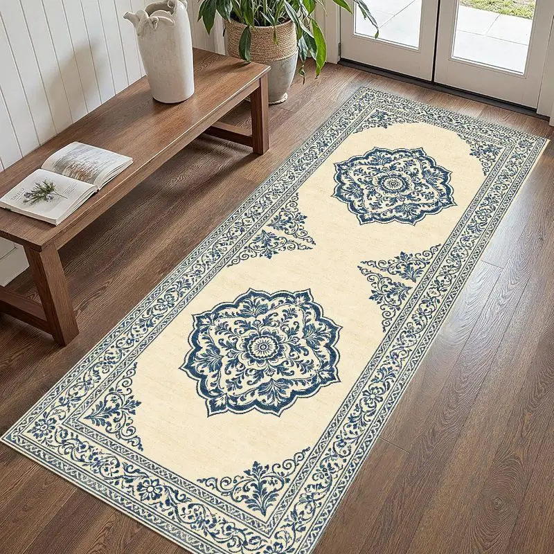 VIKAMA Blue Floral Vintage Runner Rug Mediterranean European Non Slip Washable Long Hallway Kitchen Floor Carpet