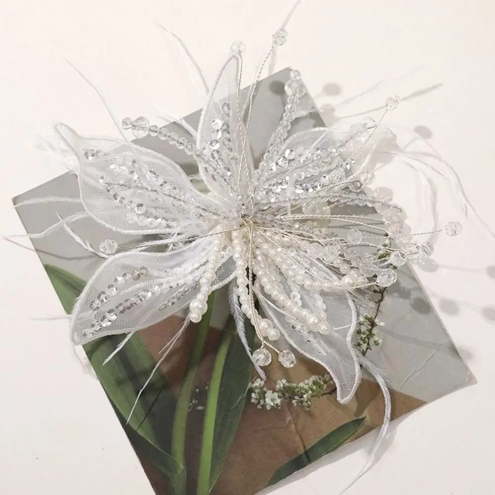Feather Pearl 3D Organza Flower Patch Twisted Wire Lace Studded Patch Hand-made Multi-layer DIY Sewing Decals Corsage Accessory