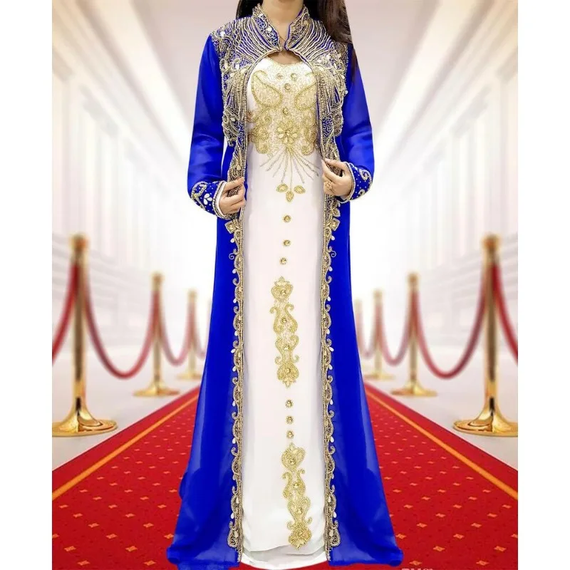 Royal Blue & White African Dress Fancy Abaya Dubai Formal Beaded Kaftan Fashion Trend