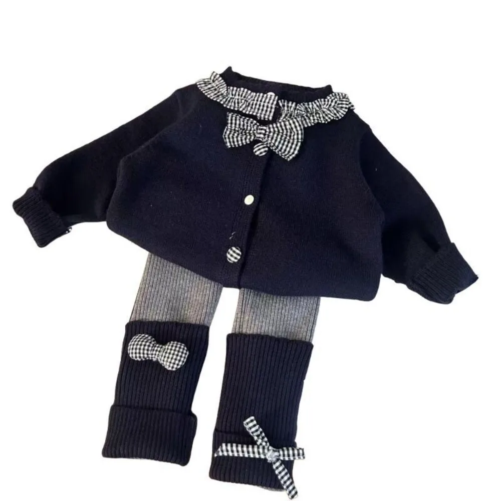 خريف جديد عصري الشارع نمط منقوشة الربط سترة بأكمام طويلة سترة + ربطة القوس فيونكة طماق قطعتين مجموعة للفتيات #6