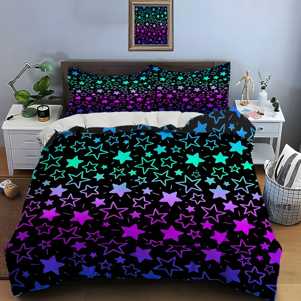 Dreamy Colorful star Pattern Duvet Cover Set Digital Print Colorful Polyester Bedding with Zipper Closur for kids gifts