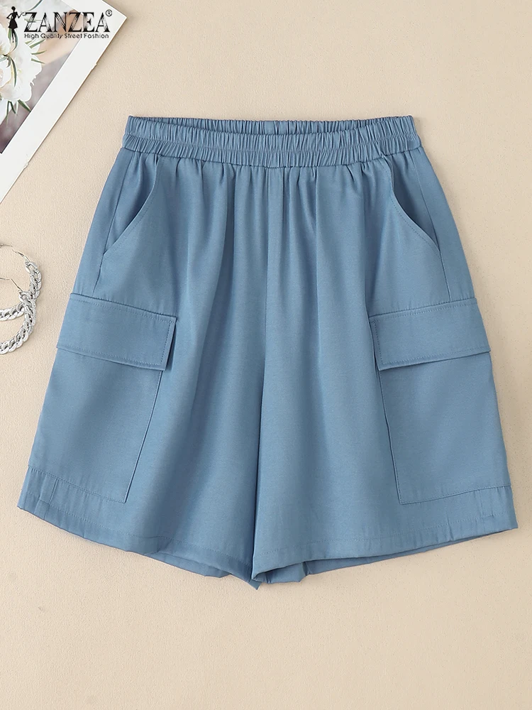 ZANZEA, pantalones cortos de verano para mujer, pantalones vaqueros suaves azules, moda informal, pantalones holgados con cintura elástica, pantalones de trabajo elegantes, ropa de calle