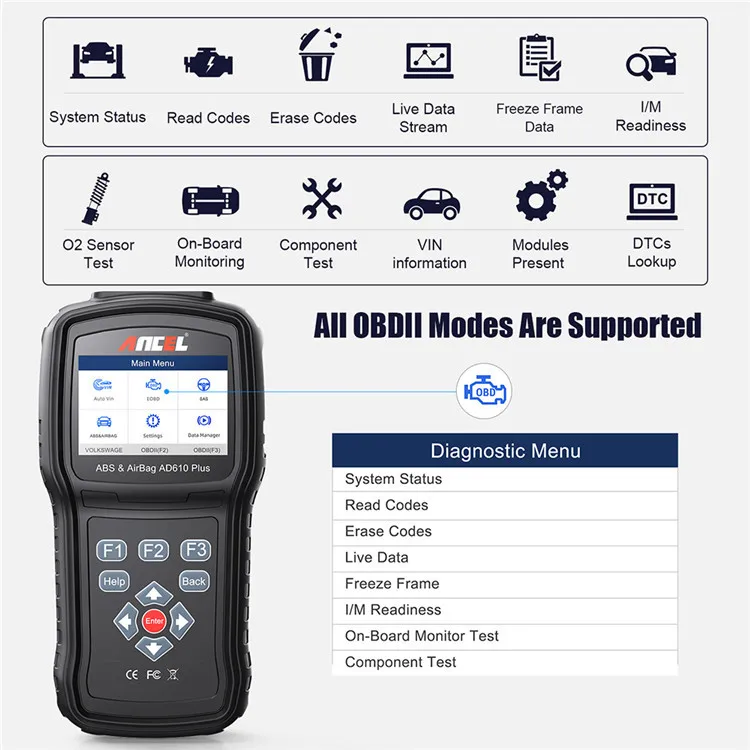 Ancel AD610Plus OBD2 Car Scanner Engine ABS SRS Three System Car Diagnostic Tool