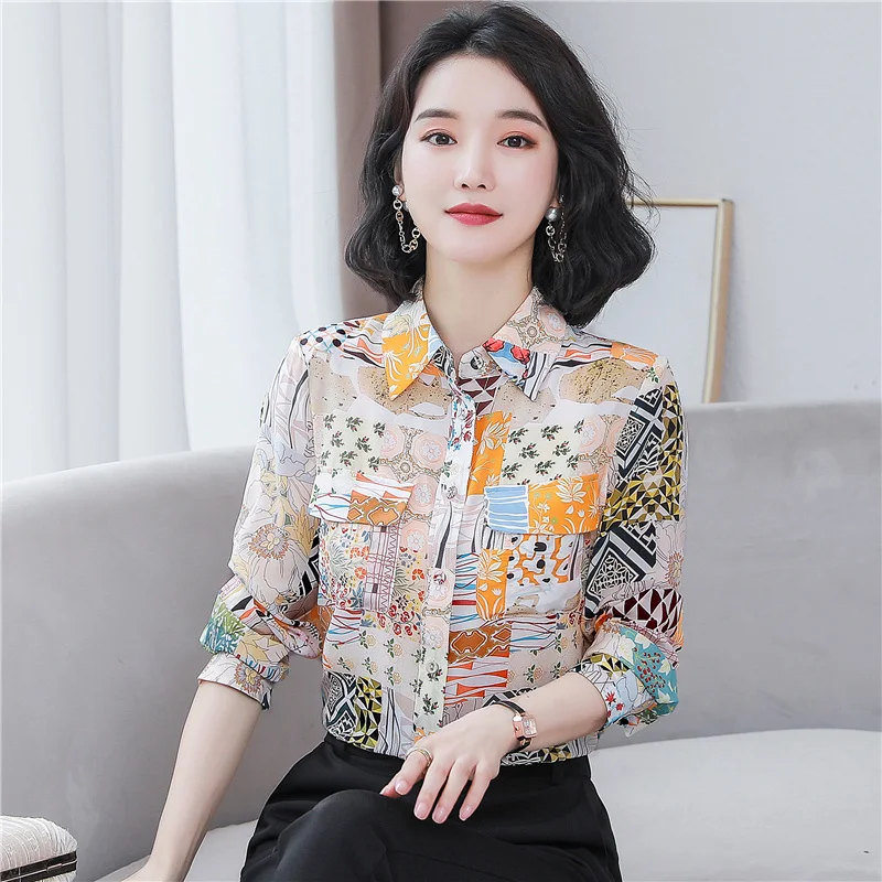 Chic Floral Print 100% Silk Shirts Women\'s Blouse Casual Loose Long Sleeve Lapel OL Satin Party Shirt Female Fashion Tops S-3XL