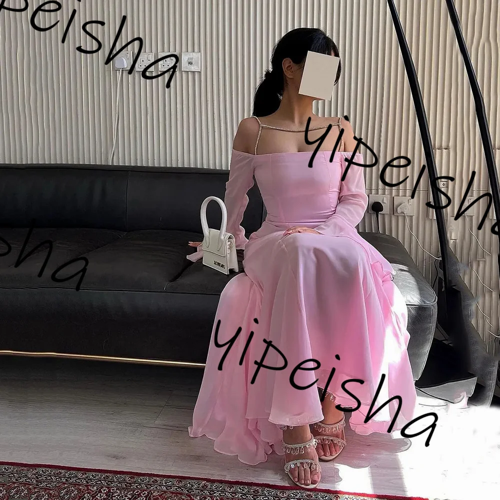 Customized Exquisite Chiffon Pink Simple Evening Prom Dresses Pleat elegant A line Three quater Sleeve Boat neckline Dress