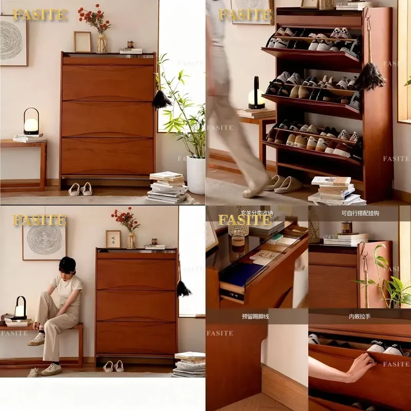 For Small Apartment Solid Wood Shoe Cabinet Ultra Thin Door Large Capacity Entrance Storage Rack Simple Tipping Bucket Design
