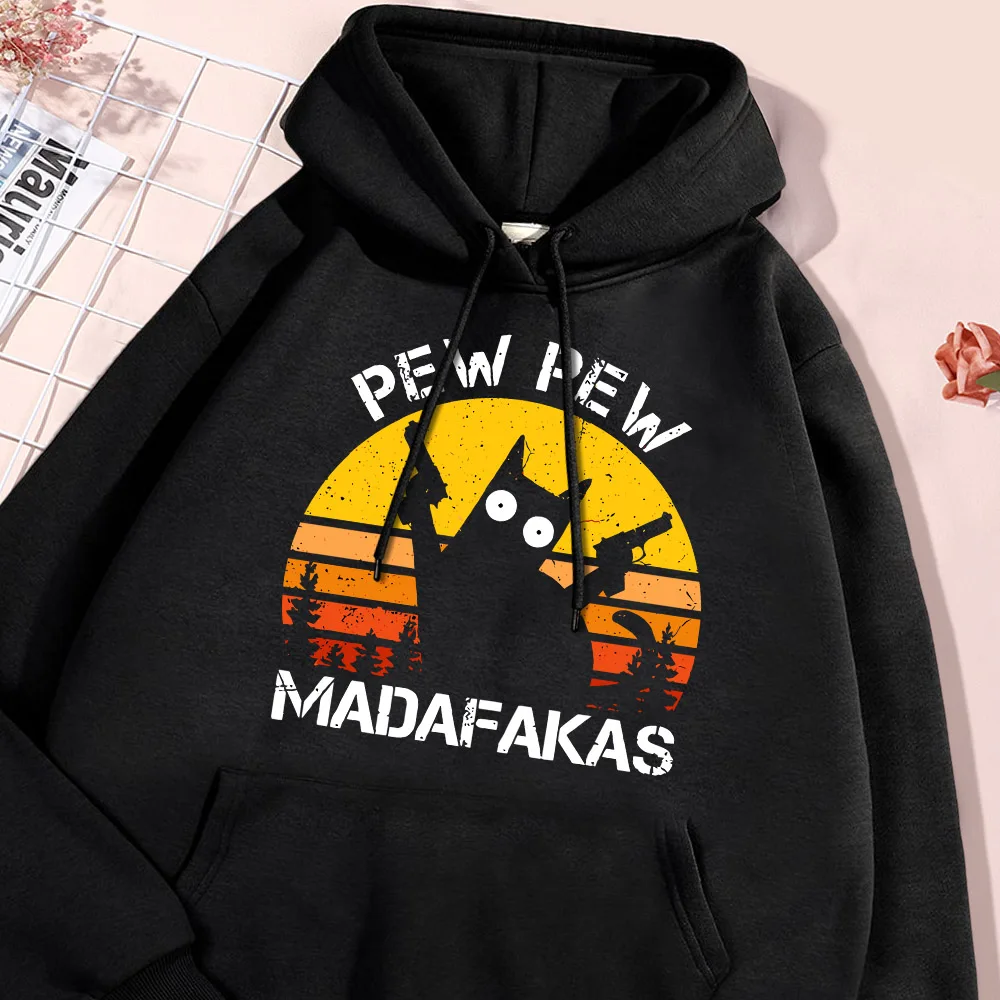 Pew Pew Madafakas Cat With Two Guns Printing Hoodie Men Funny Cats Hoodies Flexible Casual Pullover Loose Hoody Street Clothing