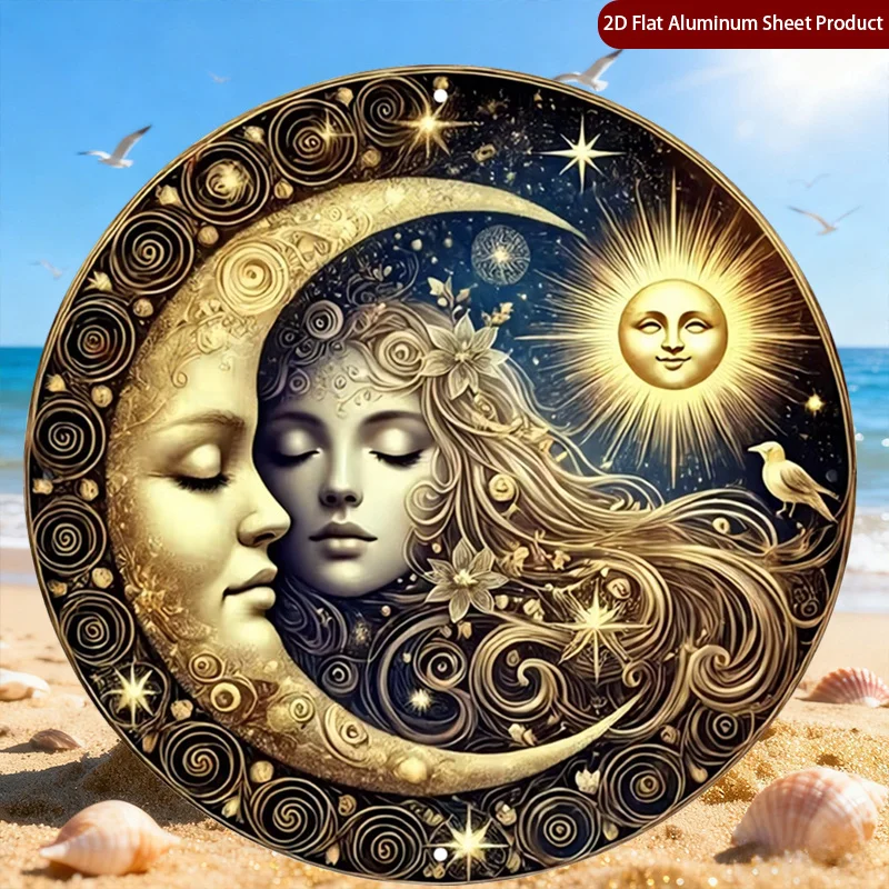 2D Flat, 1pc Mystical Design Round Sign,Spiritual Art Round Sign,Moon and Sun Round Signs, Celestial Harmony Rustic Metal Wall A