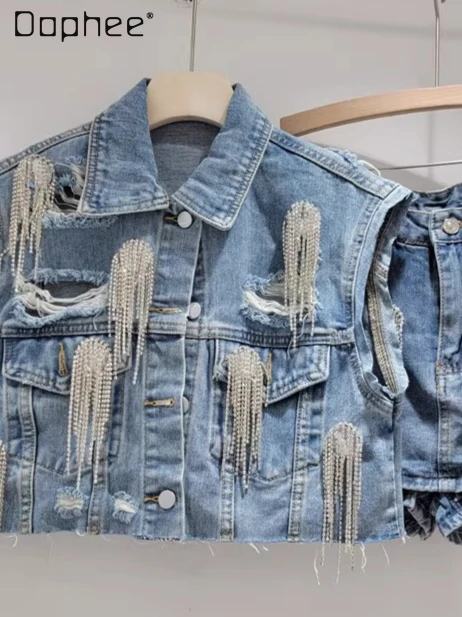 

Heavy Industry Rhinestone Denim Vest Jacket + A-line Skirt Women 2025 Summer New Loose Fashion Two Piece Sets Womens Outifits