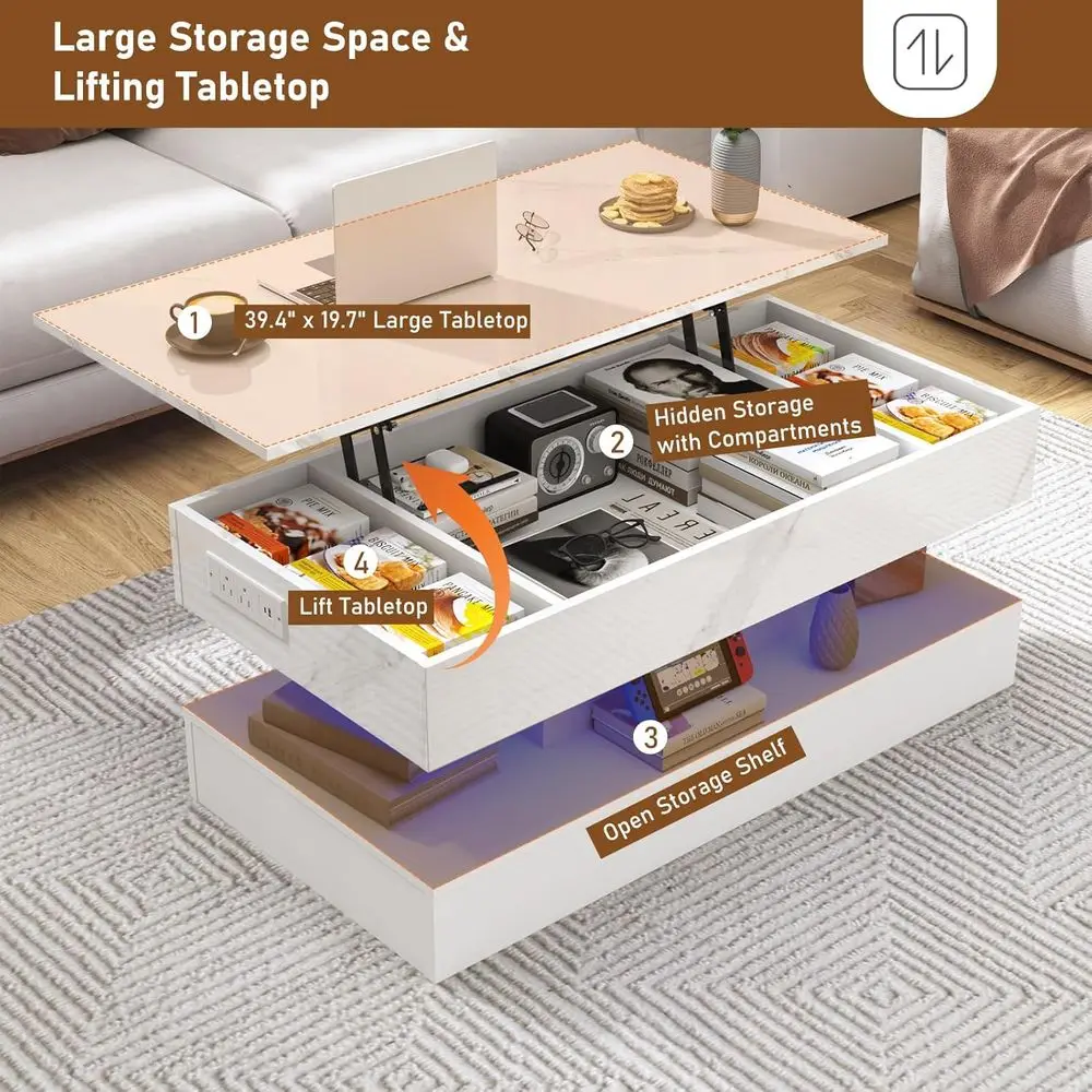 Modern White Coffee Table with Lift Top, LED Lighting, Charging Station, and Hidden Storage