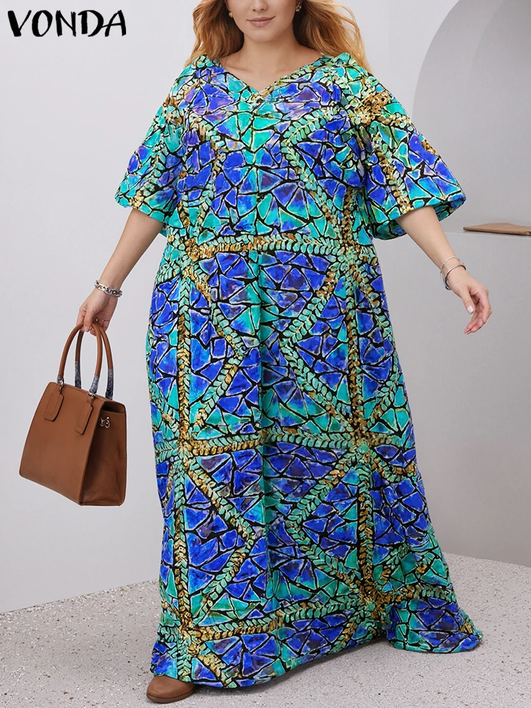 

Plus Size Women Maxi Long Dress Bohemian Print Sundress Fashion V-Neck Casual Loose Vintage Vestidos VONDA 2025