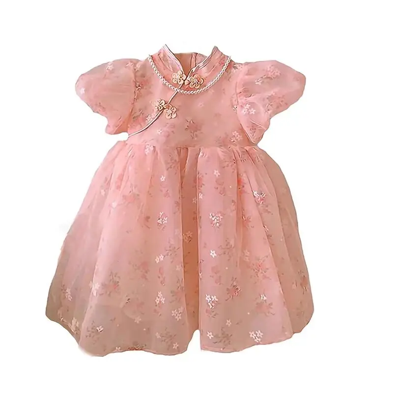 Vestido de manga curta para meninas, novo vestido floral rosa infantil da moda, estilo chinês, cheongsam, vestido inchado